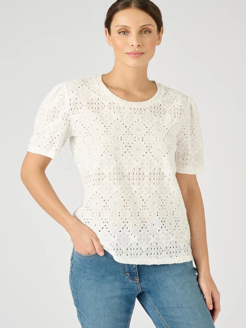 Tee shirt en maille ajourée effet dentelle Damart Blanc cassé