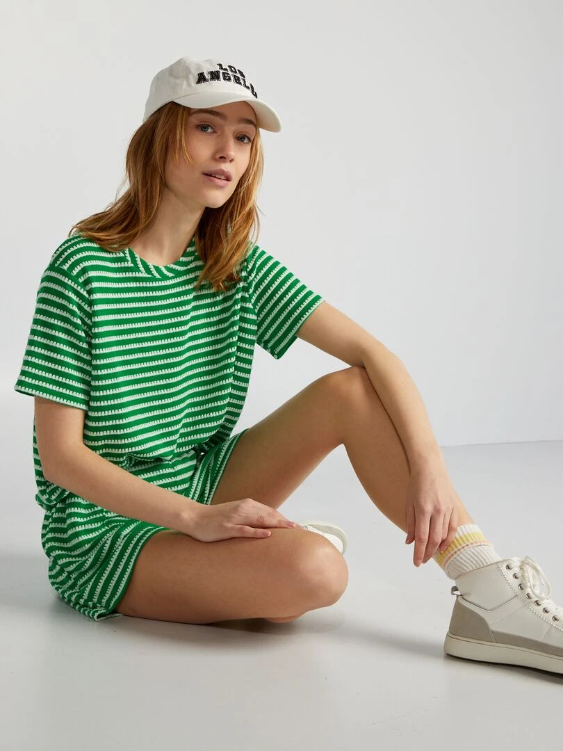 T shirt rayé en crochet Vert