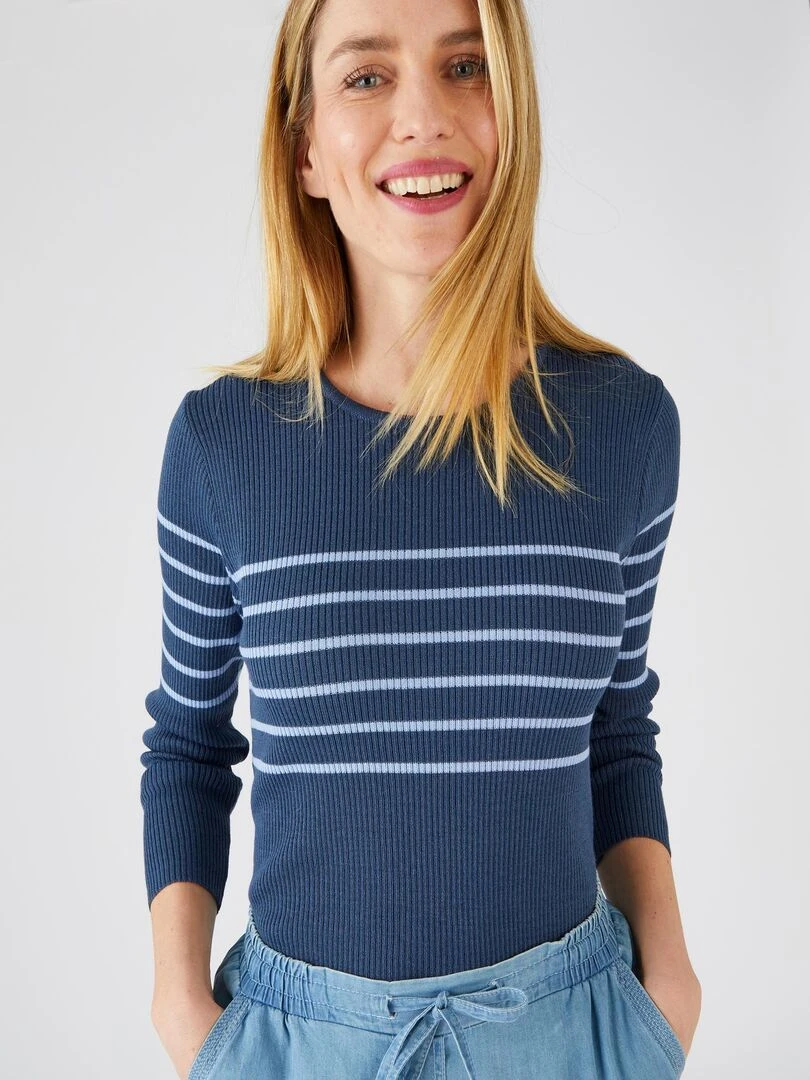 Pull col rond 50% laine mérinos uni et rayé Damart Bleu