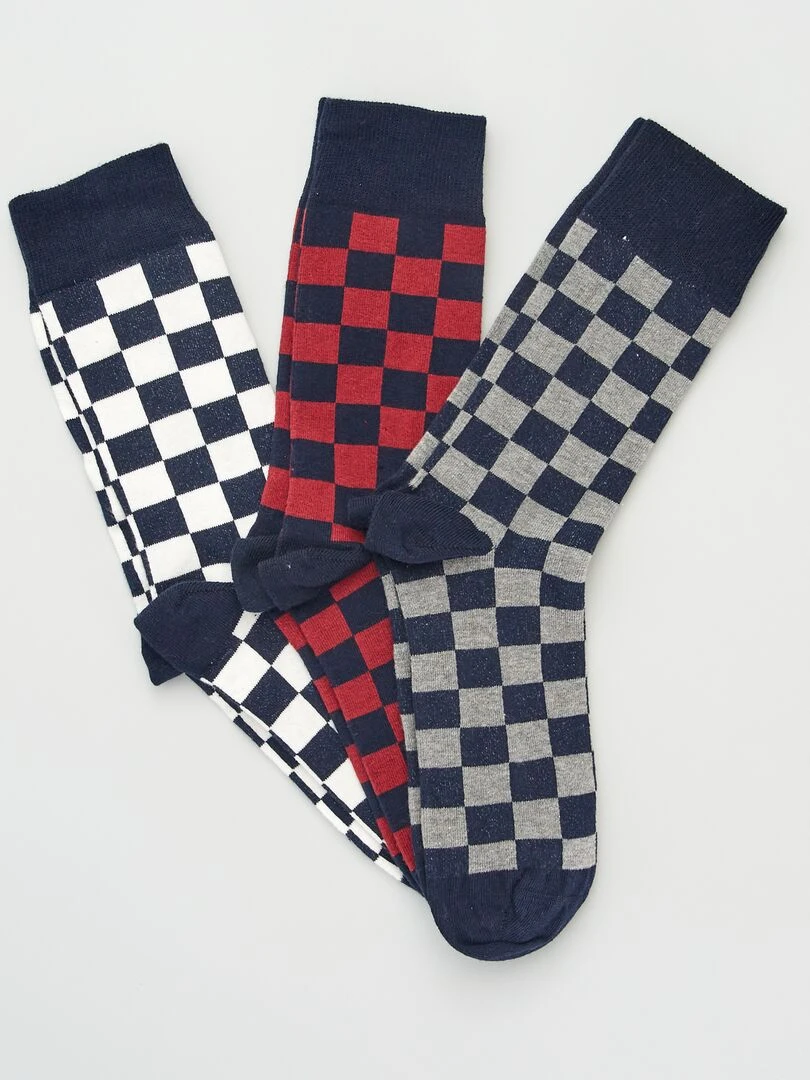 Lot de 3 paires de chaussettes imprimé 'damier' Blanc/gris/rouge