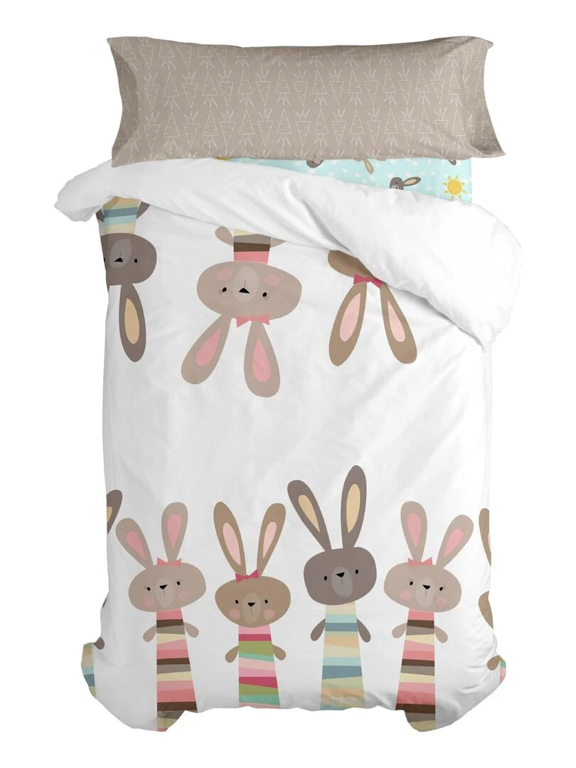 Parure housse de couette 2 pièces Rabbit family "Happyfriday"   Blanc