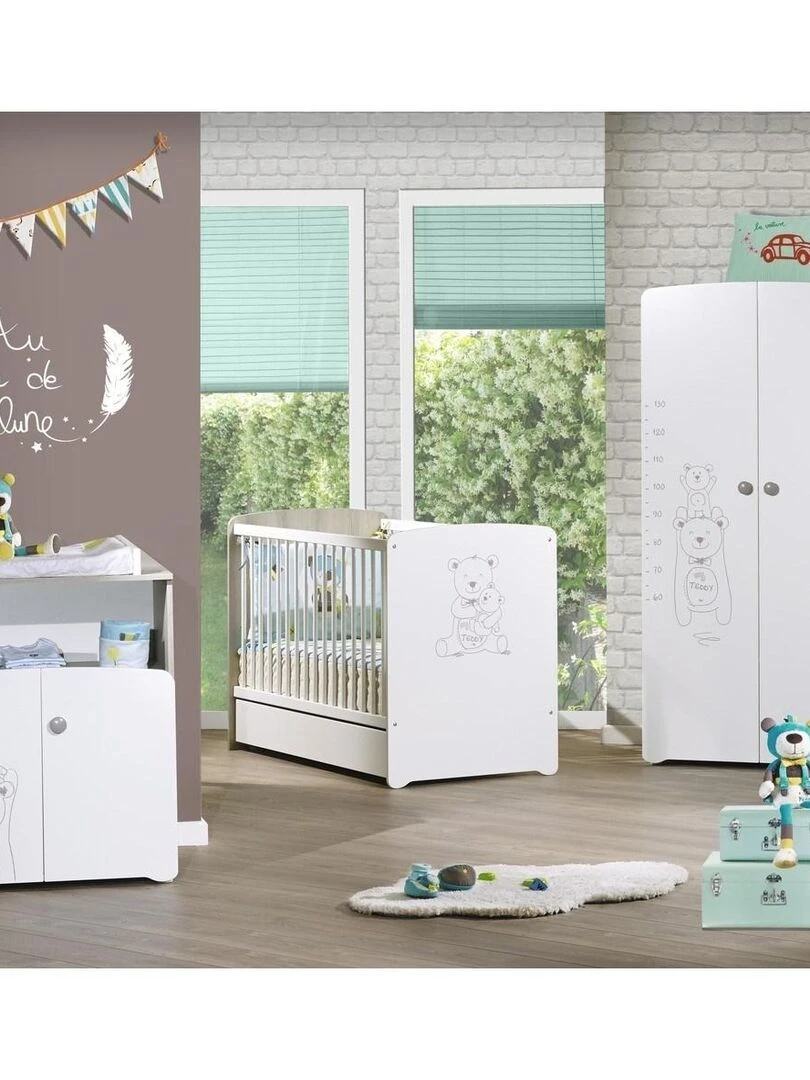 Chambre trio lit et Commode et Armoire en bois blanc BABYPRICE Blanc