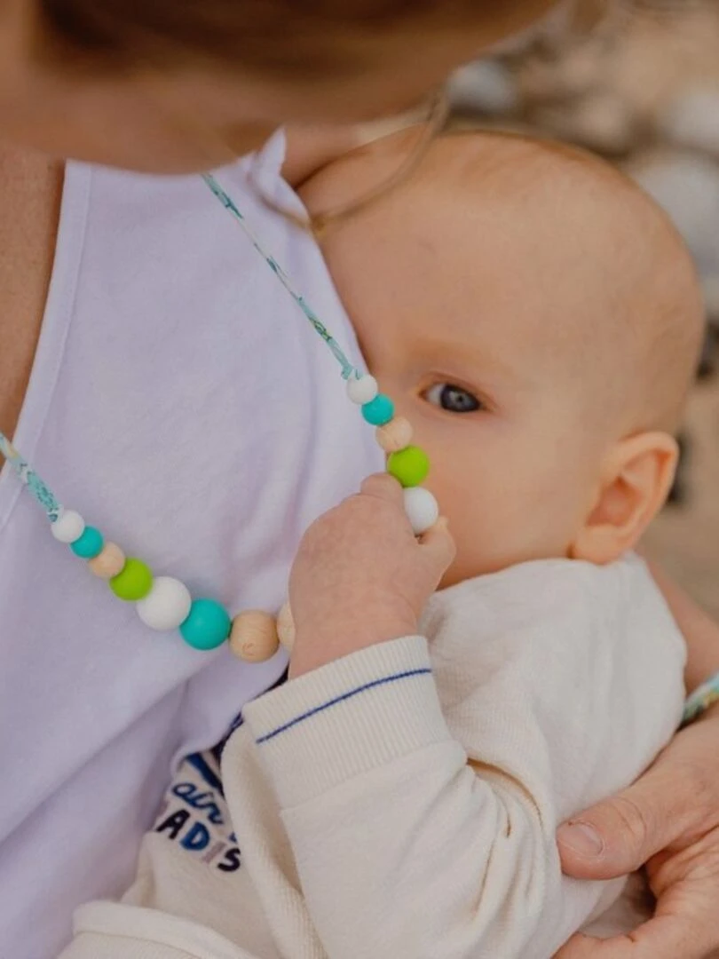 Collier d'allaitement ou de portage silicone et bois 'Bora Bora' Bleu turquoise
