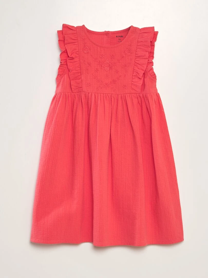 Robe en coton dobby volantée et brodée Rose