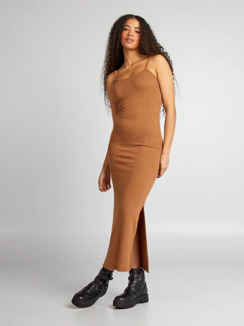Robe longue à fines bretelles croisées Marron