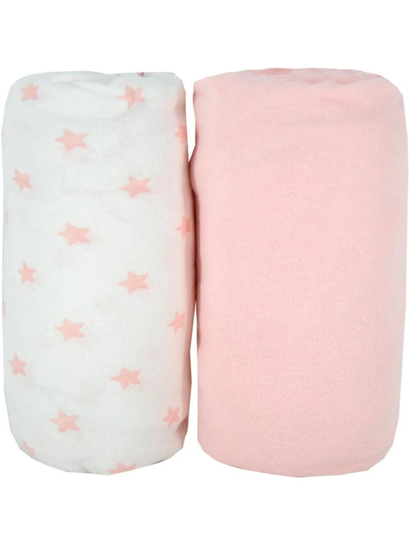 Lot de 2 draps housse en coton 60x120 cm   Rose + Imprimé étoiles   Rose pâle