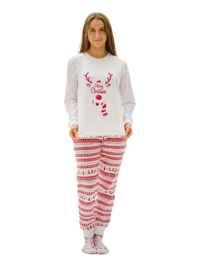 Pyjama de Noël "Merry Christmas" 100% coton BIO Blanc Rouge