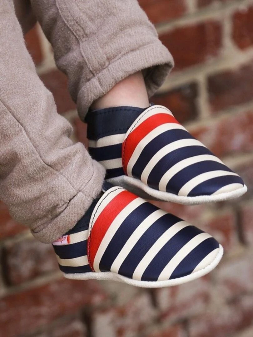 Chaussons bébé cuir souple Marcus rayé marine et rouge   Beige