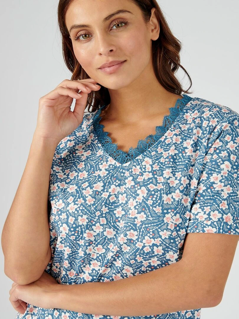 Tee shirt imprimé détails dentelle   Damart   Bleu