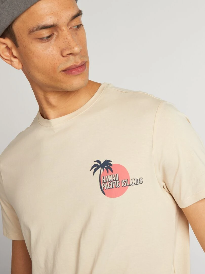 T shirt en coton imprimé à col rond Beige