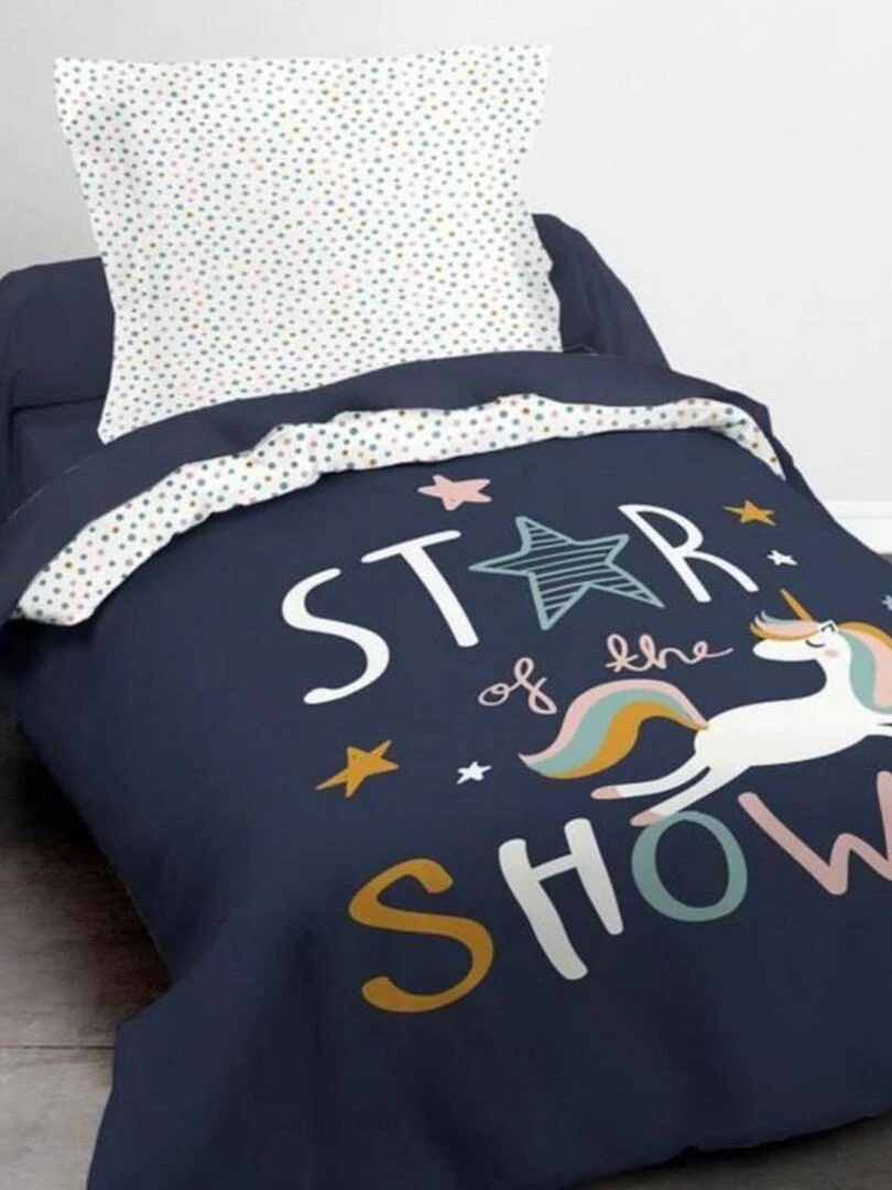 Parure de lit enfant coton Licorne Star Bleu