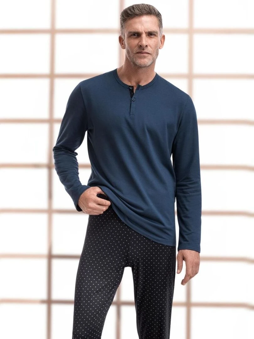 Pyjama long logoté en coton et modal Haori   Bleu