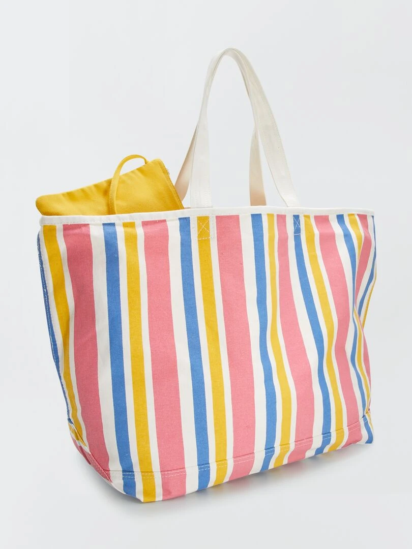 Sac cabas de plage + pochette   Rose/jaune/bleu