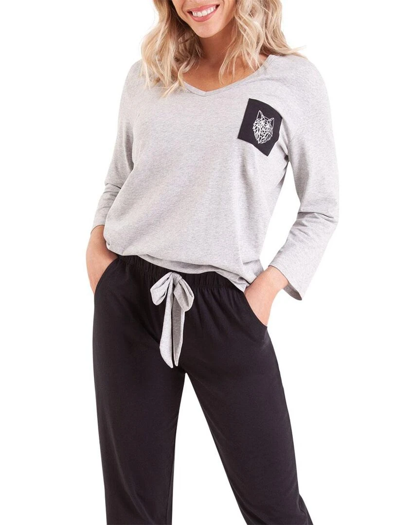 Pyjama manches 3/4 femme col v Tendre Nuit Noir Gris
