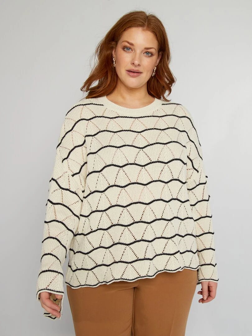 Pull ajouré à col rond   Beige/bleu marine