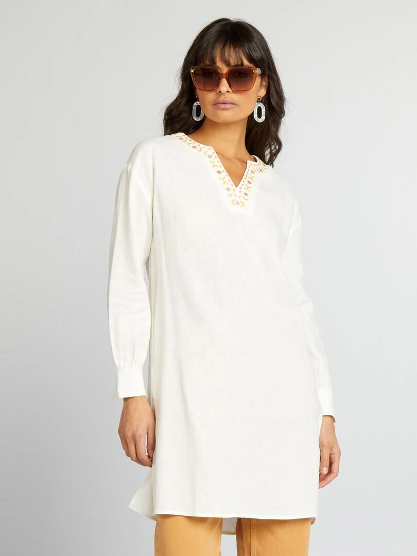 Blouse longue en lin avec col tunisien   Blanc