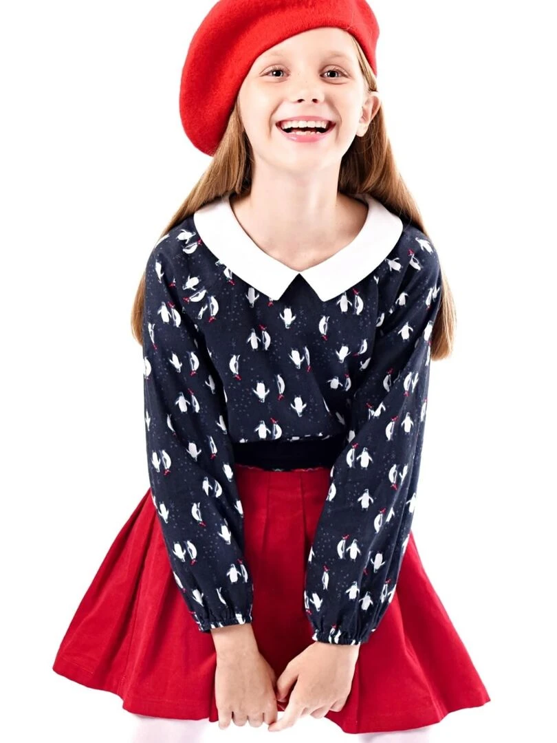 Blouse de Noël pour Fille  Imprimé Fantaisie Pingouin  col CLAUDINE   'LA FAUTE A VOLTAIRE'   Rouge