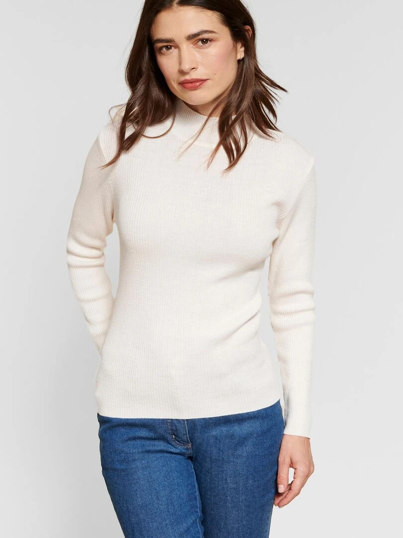 Pull col montant 50% laine mérinos uni et rayé Damart Ivoire