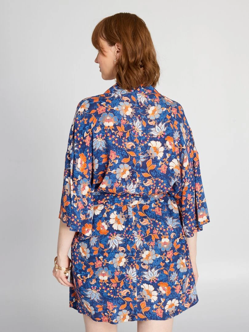 Veste kimono imprimée et ceinturée   Bleu