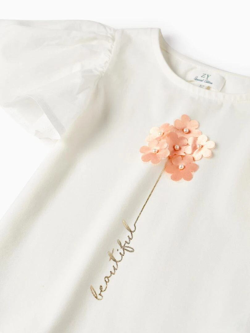 T shirt avec Fleurs et Paillettes pour Fille manches courtes CÉRÉMONIE   Blanc