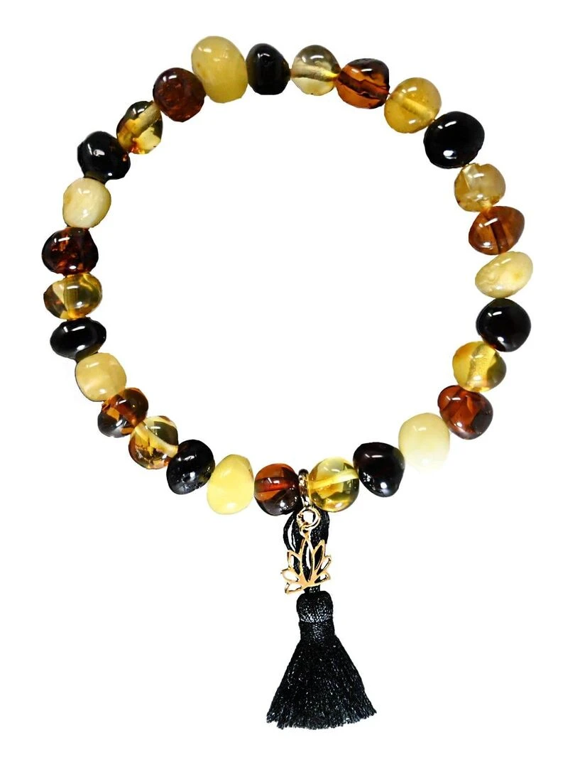 Bracelet adulte Ambre multicolore pompon noir et lotus or Multicolore