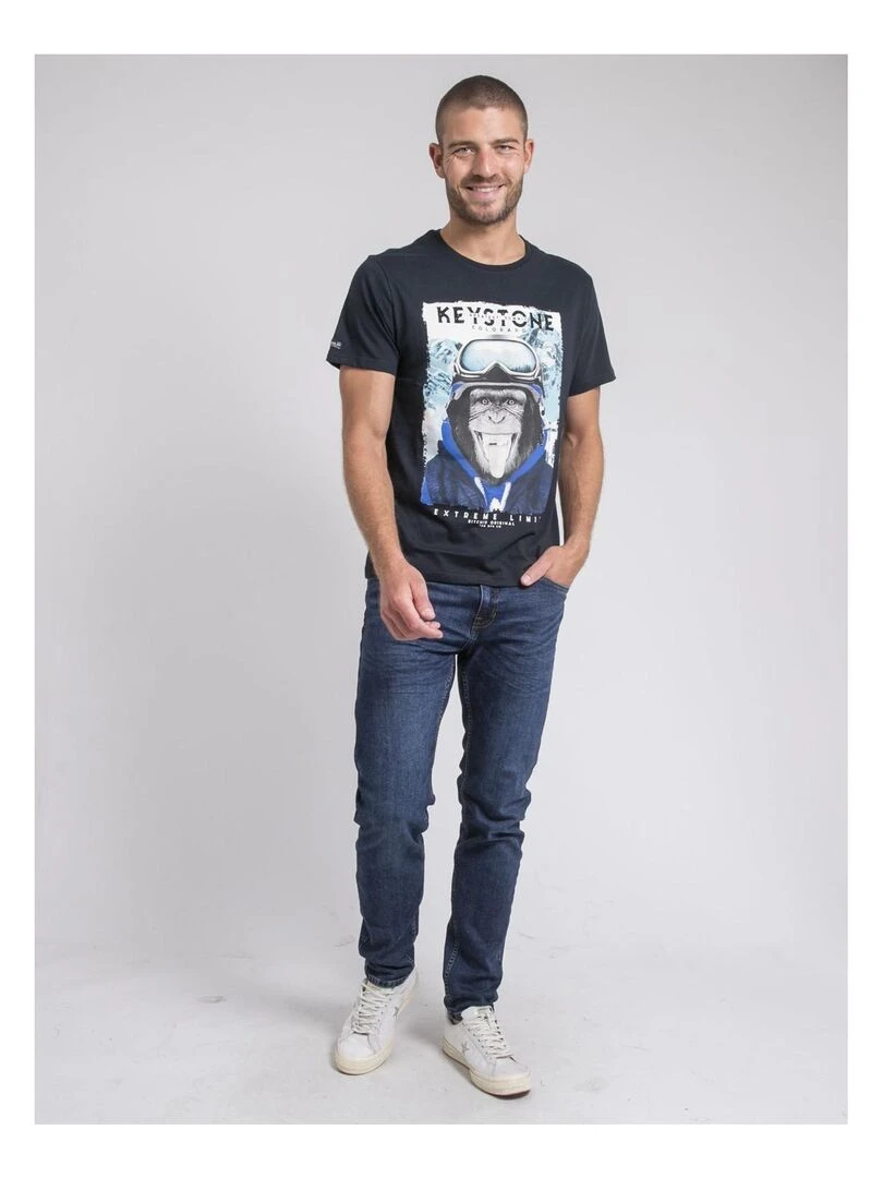 T shirt col rond pur coton JACOSKI   Bleu marine