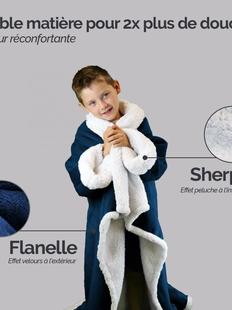 Couverture polaire  plaid intégral avec manches et poche   Sherpa et flanelle   Vivezen   Bleu