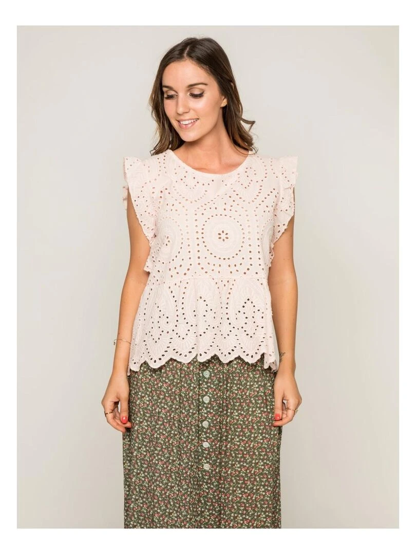 Top col rond broderies anglaises FOUE Rose