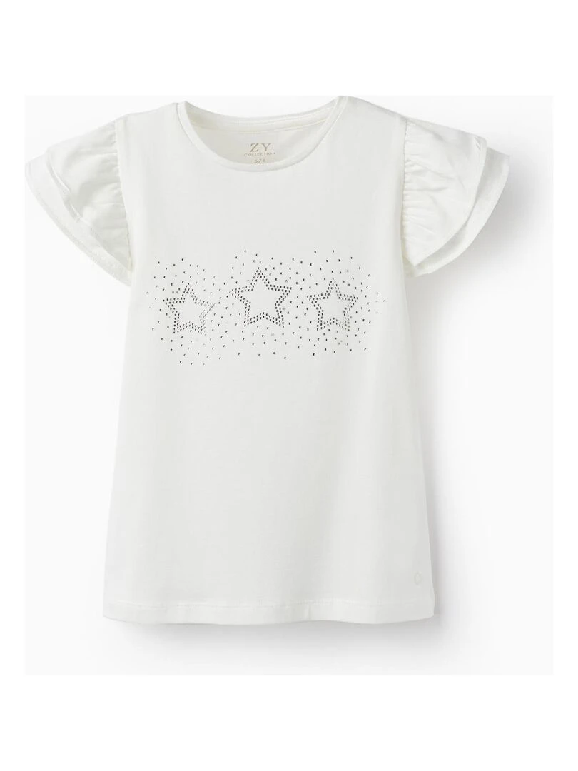 T shirt en jersey de coton avec volants et brillants pour fille manches courtes CÉRÉMONIE Blanc
