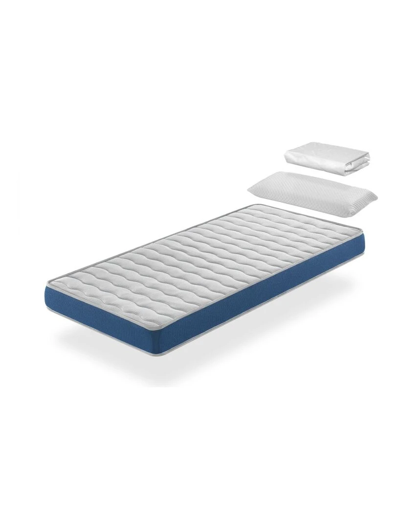 Pack Matelas ONIX LIT ENFANT Epaisseur 14 CM + 1 Oreiller à memoire + 1 Protege matelas Bleu