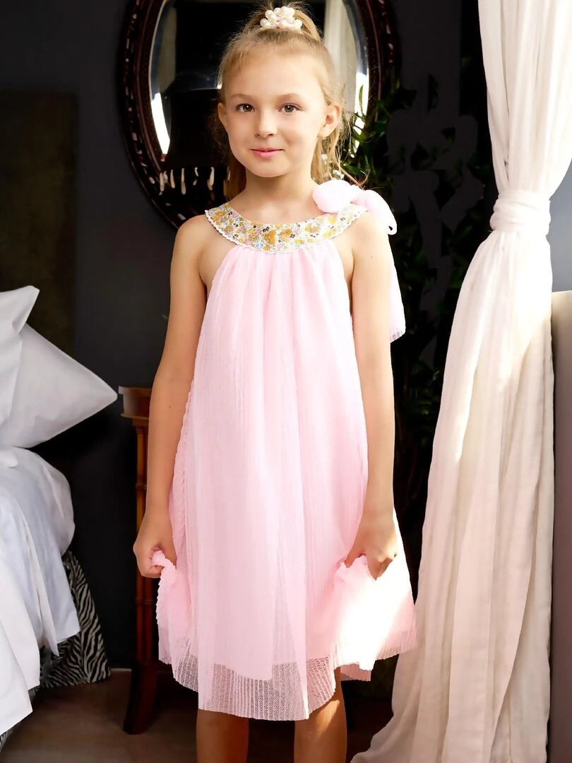 Robe Cérémonie Rose Fille Col Fleuri Jaune ALIZEE La Faute à Voltaire Jaune