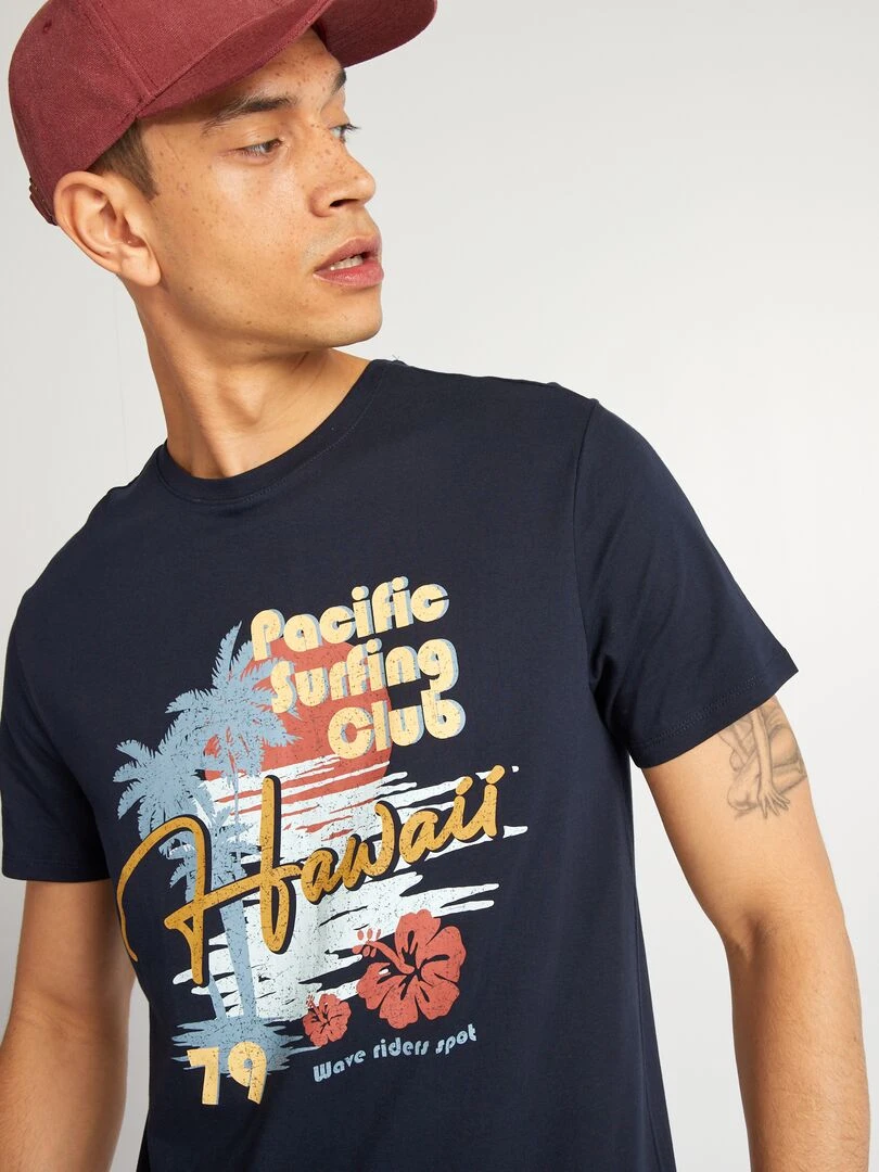 T shirt en coton imprimé à col rond   Bleu marine