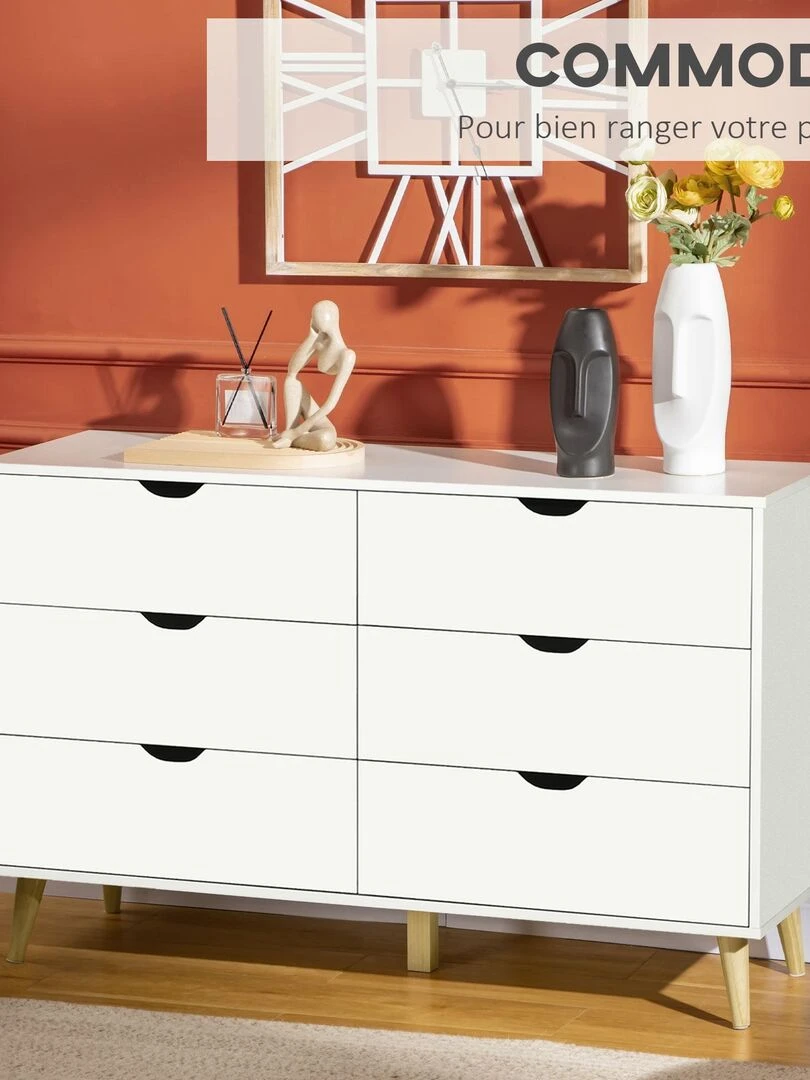 Commode 6 tiroirs design scandinave bois pin panneaux blanc   Blanc