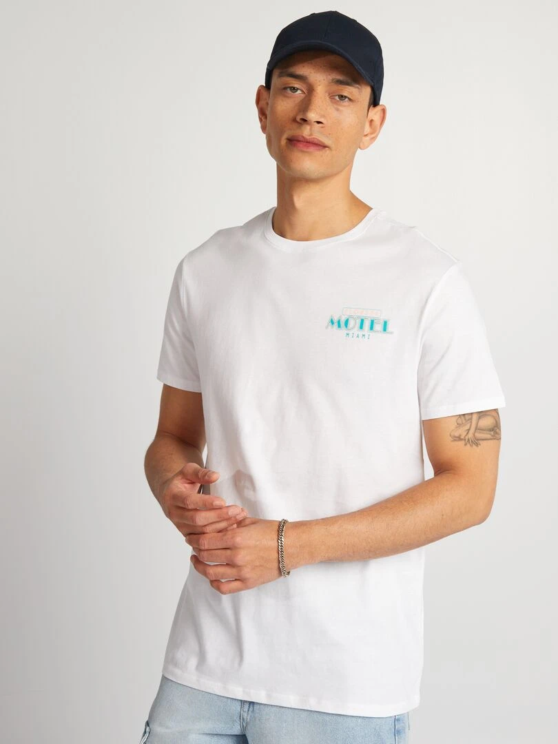 T shirt en coton imprimé à col rond   Blanc 'motel'