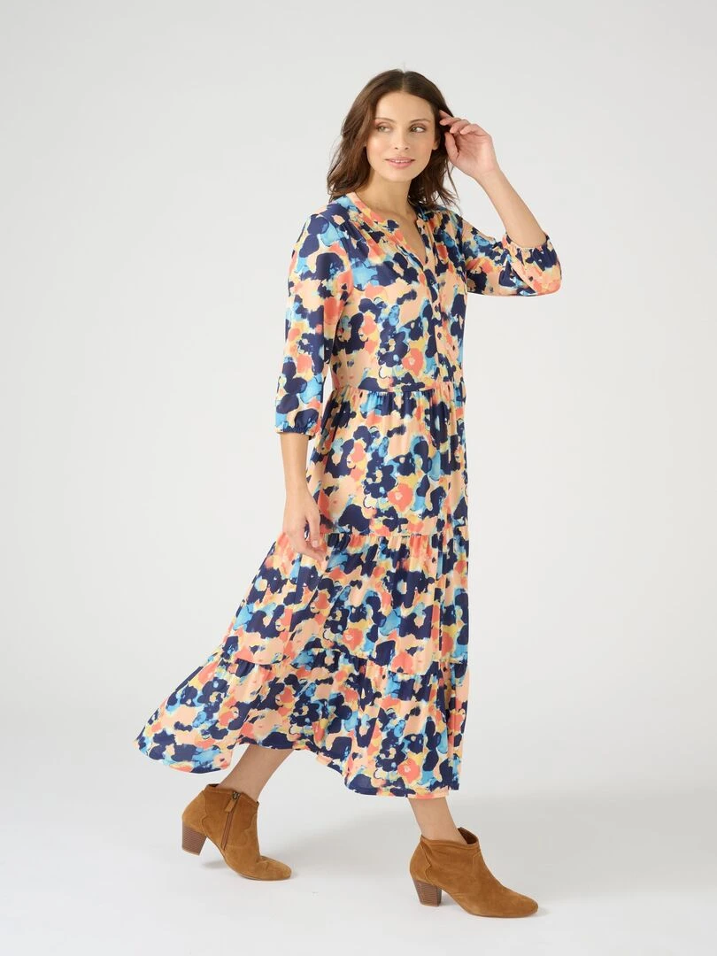 Robe longue maille crêpe à volants Damart Bleu marine