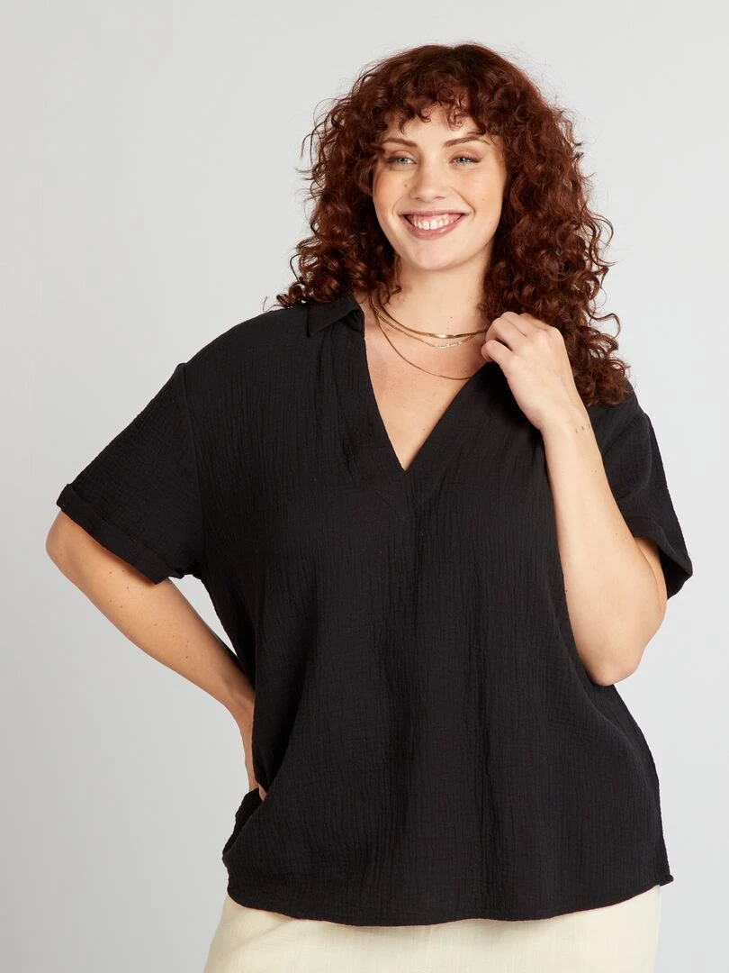 Blouse unie en gaze de coton noir