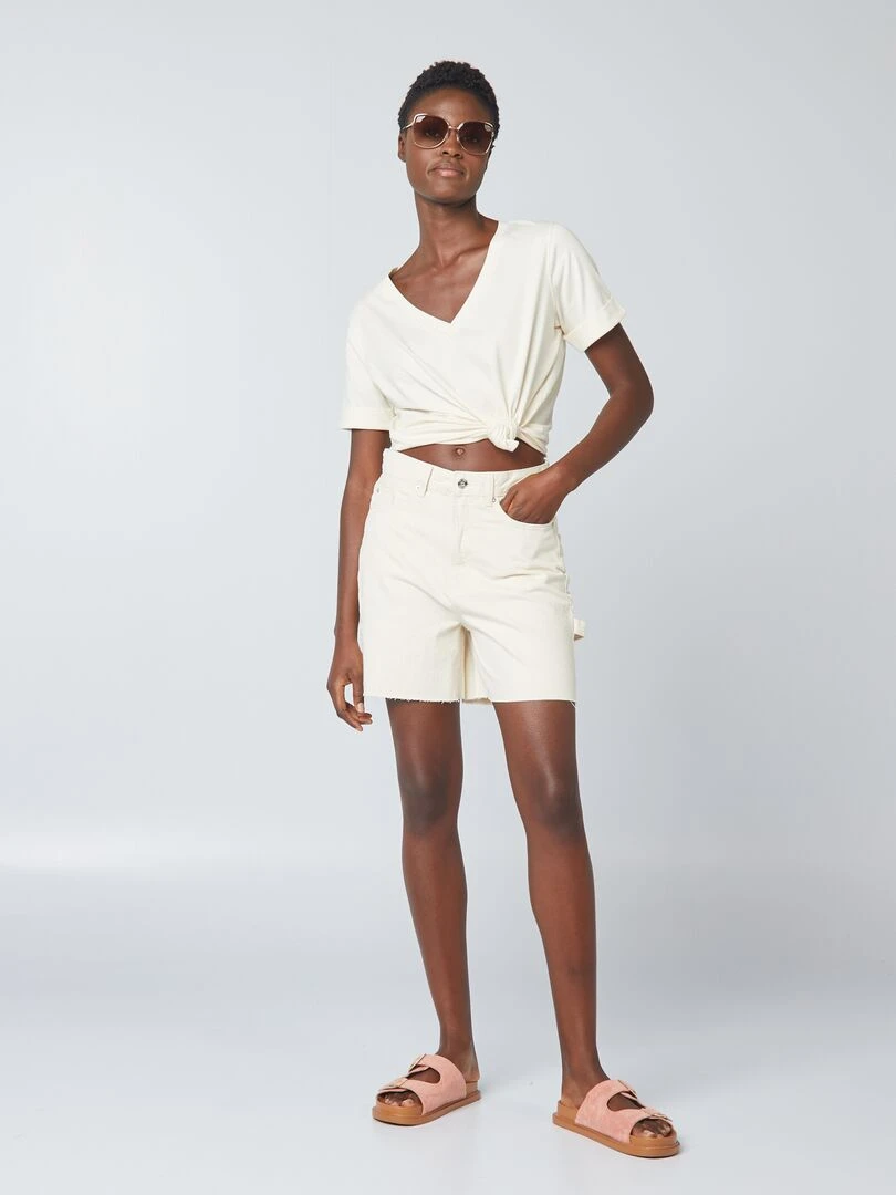 Short mi cuisse en coton Beige