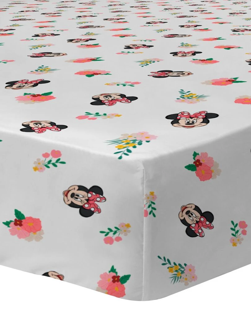Drap housse imprimé 100% coton DISNEY HOME MINNIE FLOWER Blanc