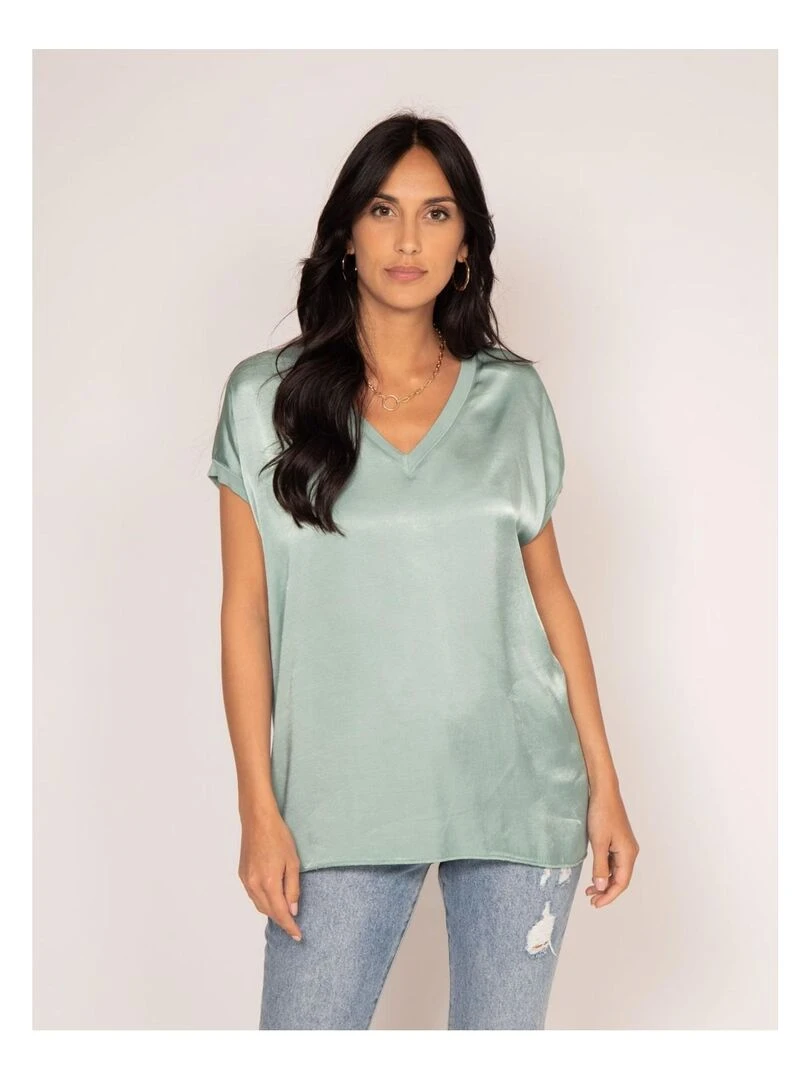T shirt col V satin FENTA Vert