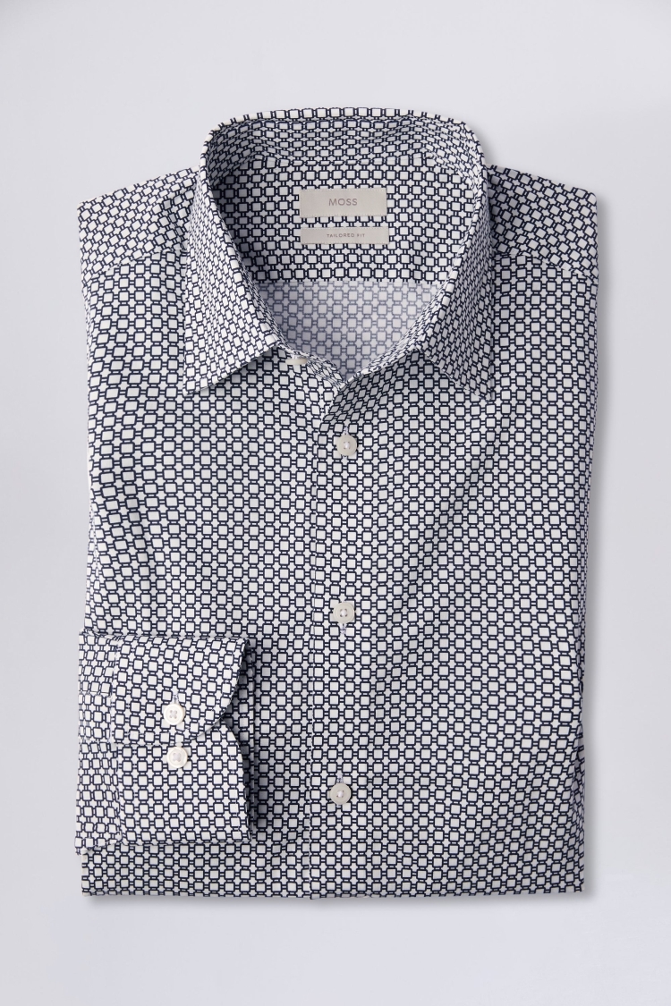 Tailored Fit Navy Geo Printed Stretch Shirt    Buy Online at Moss