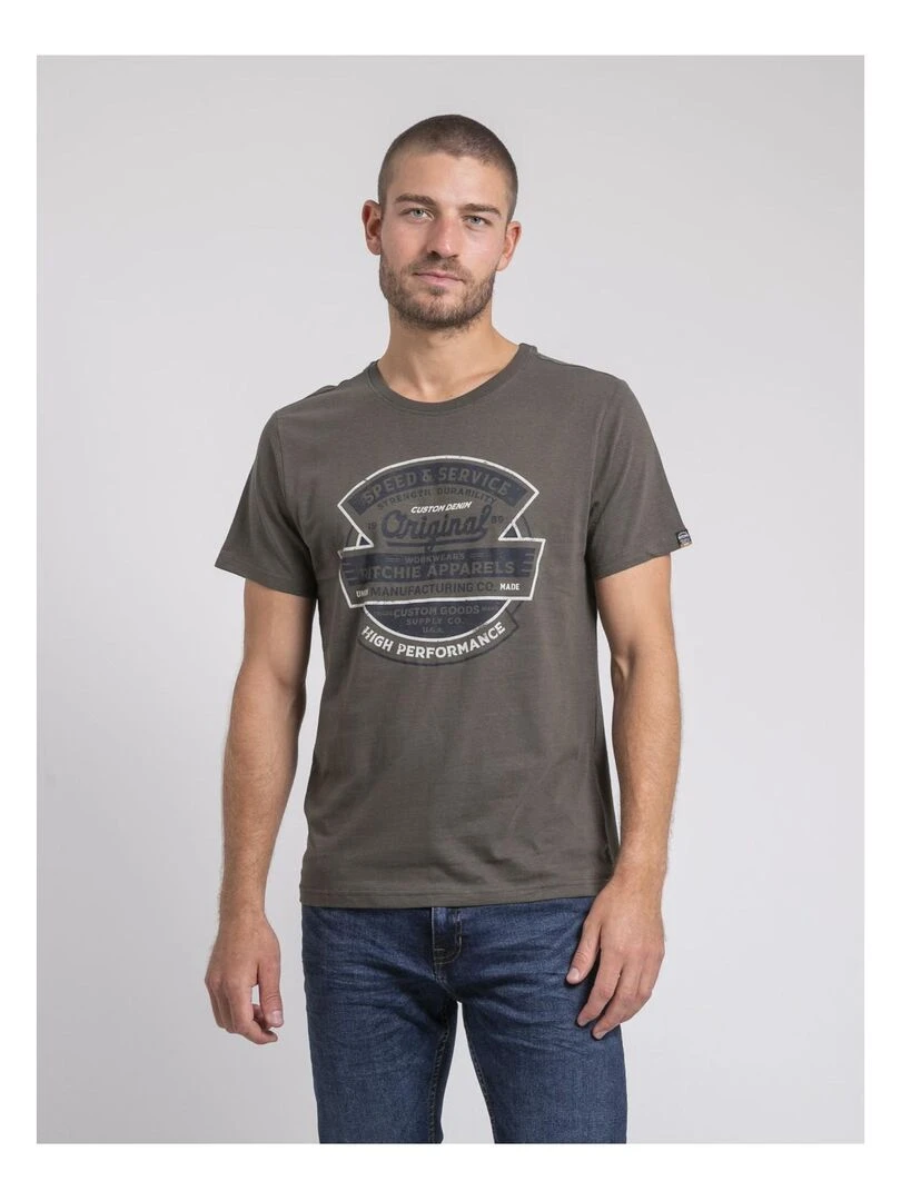 T shirt col rond pur coton JIROBIN Kaki
