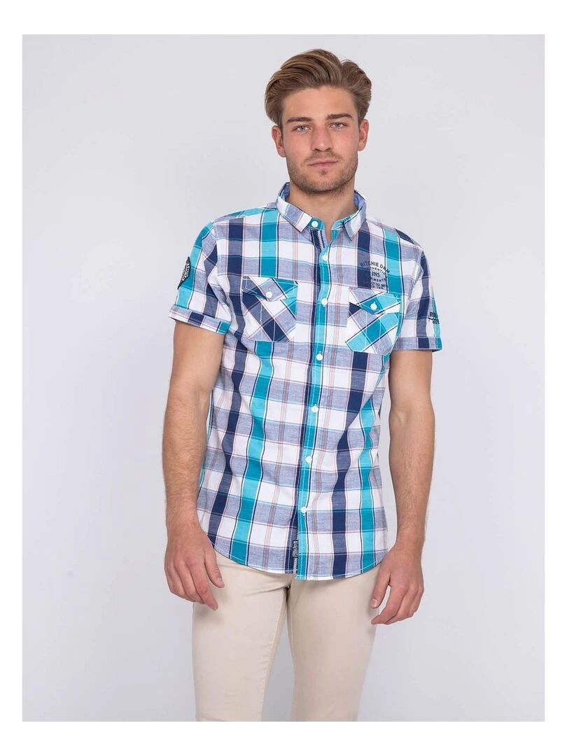 Chemise manches courtes carreaux DOSANGE Bleu turquoise