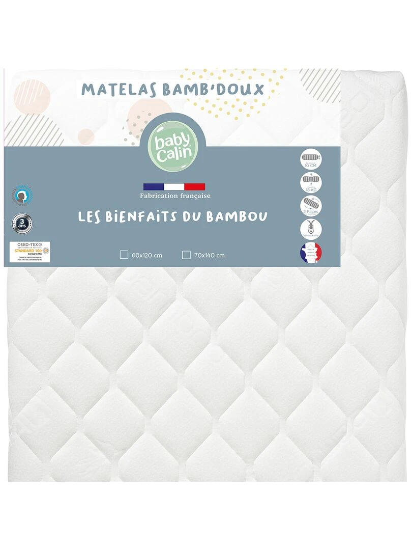 Matelas lit Bamb'Doux déhoussable 60x120 cm 24kg/m3 Blanc