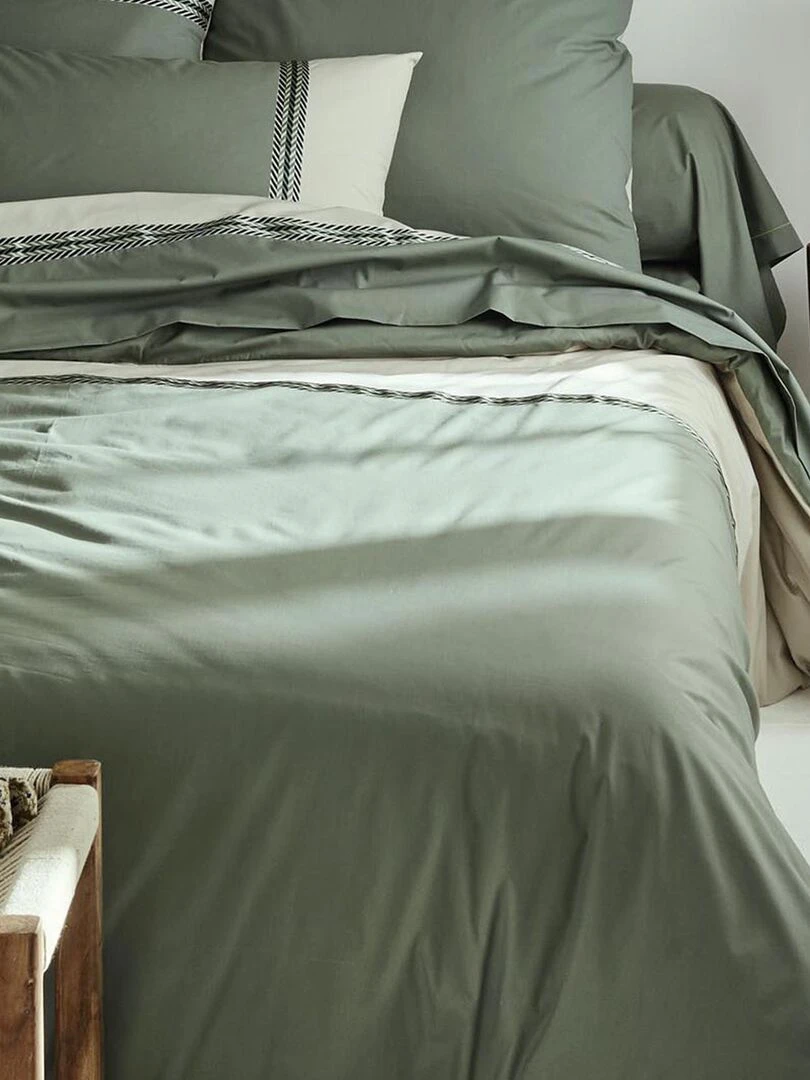 Housse de couette en percale de coton au galon géométrique   Vert olive