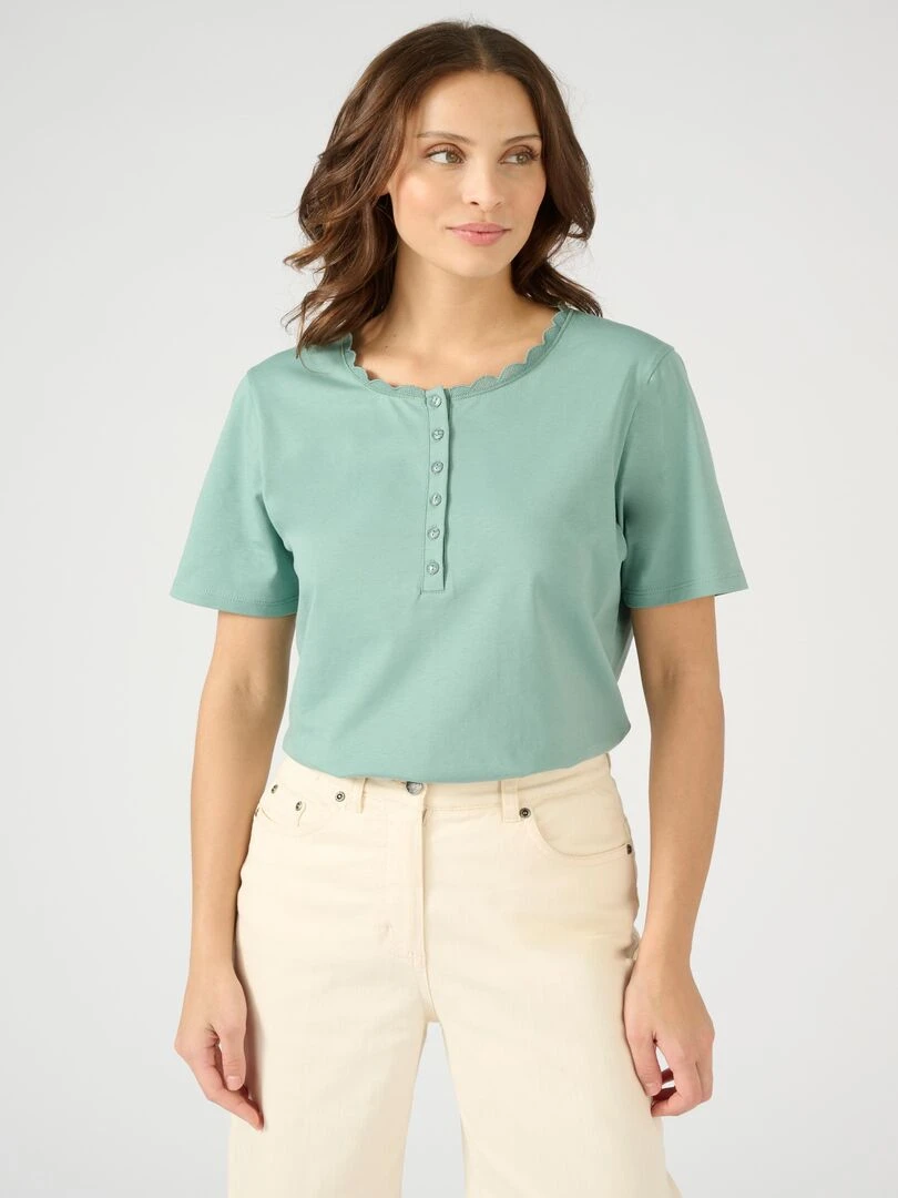 Tee shirt col rond fantaisie en pur coton. Damart Vert anis