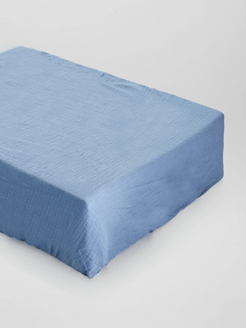 Lot de 2 draps housse en gaze de coton   Blanc/bleu