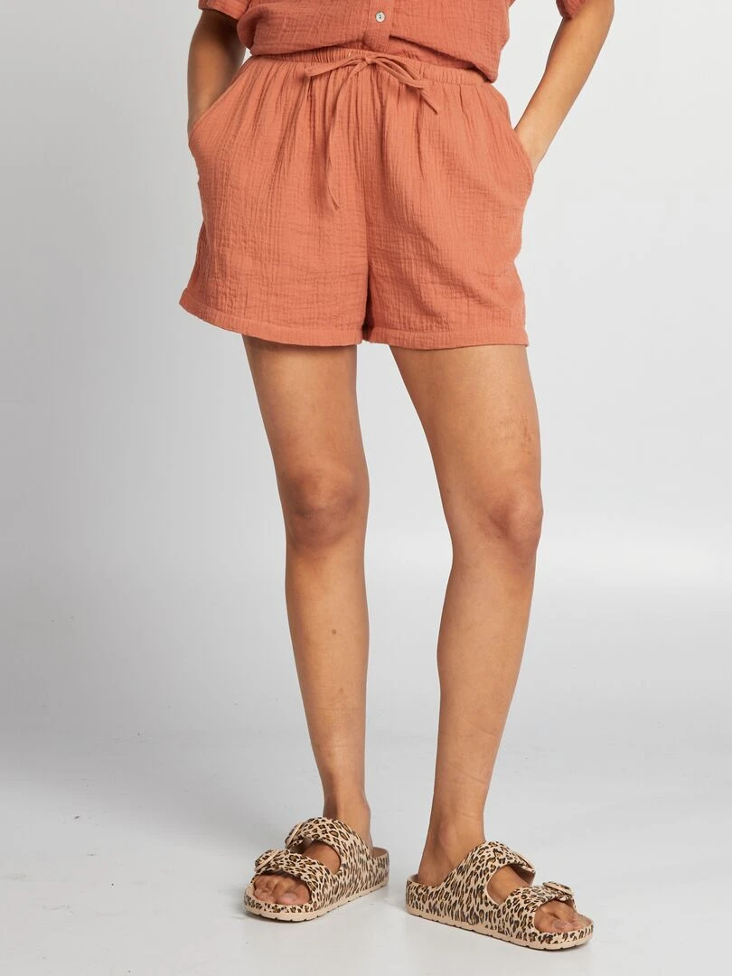 Short taille haute en double gaze de coton Marron
