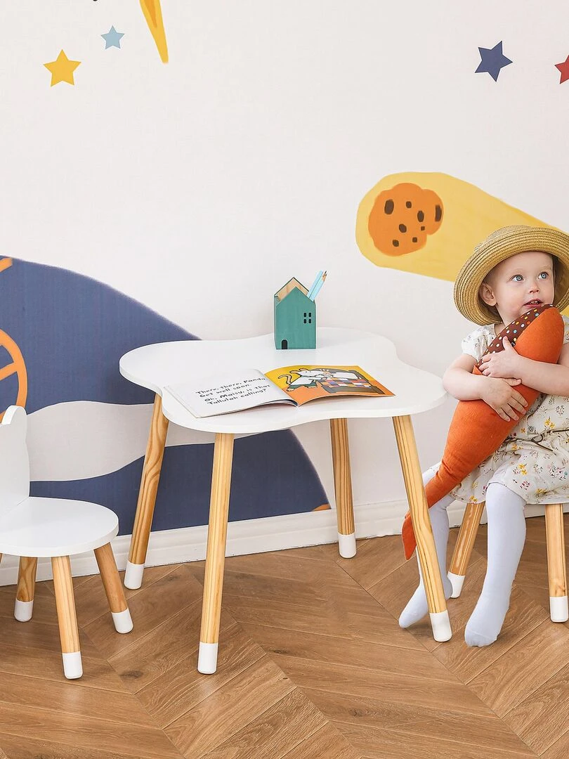 Ensemble table et chaises enfant design scandinave motif ourson blanc bois pin Blanc