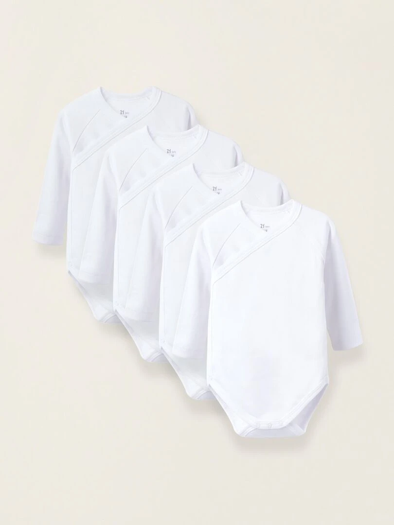 Pack 4 Bodies en Coton Cardé pour Nouveau Né et Bébé manches longues ESSENTIALS LINE Blanc