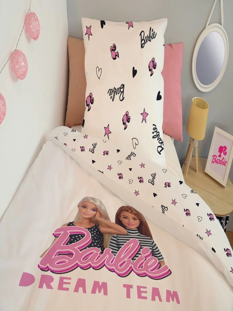 Housse de couette Barbie 140x200 cm et taie d'oreiller   100% Coton   Blanc